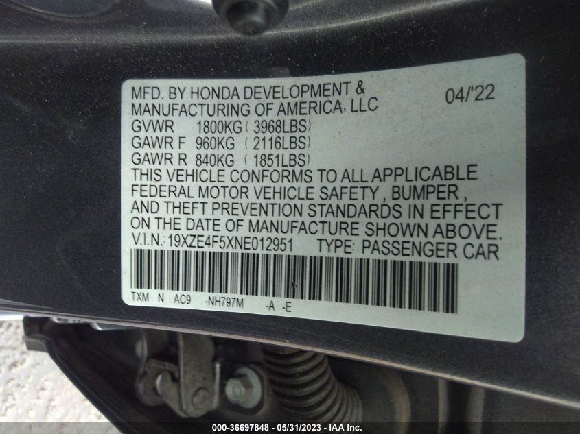 2022 HONDA INSIGHT EX 19XZE4F5XNE012951