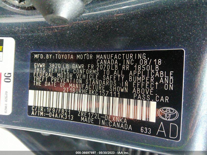 2019 TOYOTA COROLLA L/LE/SE/XLE/XSE - 2T1BURHEXKC157111