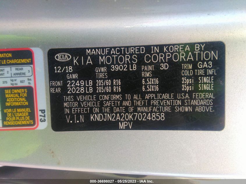 2019 KIA SOUL BASE - KNDJN2A20K7024858