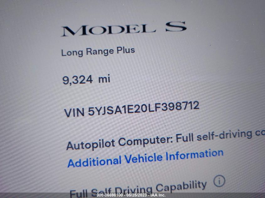 2020 TESLA MODEL S LONG RANGE - 5YJSA1E20LF398712