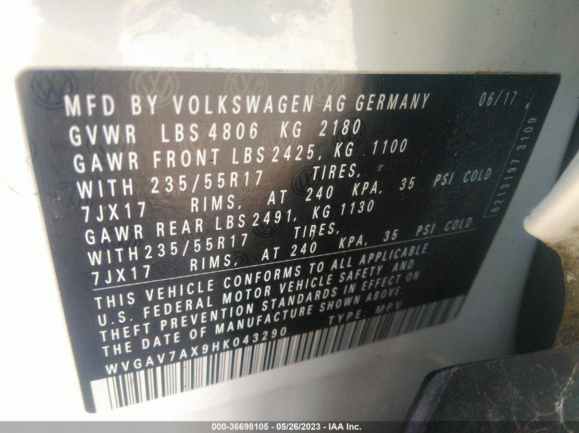 2017 VOLKSWAGEN TIGUAN - WVGAV7AX9HK043290