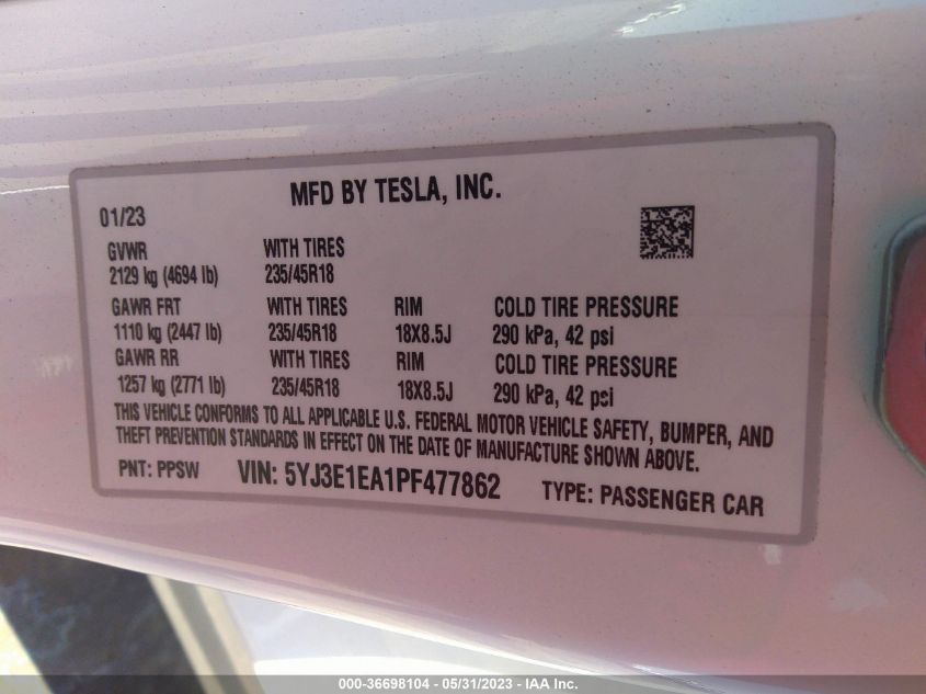 2023 TESLA MODEL 3 - 5YJ3E1EA1PF477862