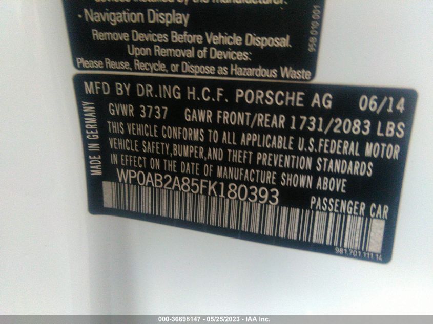 2015 PORSCHE CAYMAN S/GTS WP0AB2A85FK180393