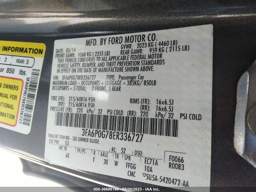 2014 FORD FUSION S - 3FA6P0G78ER336727