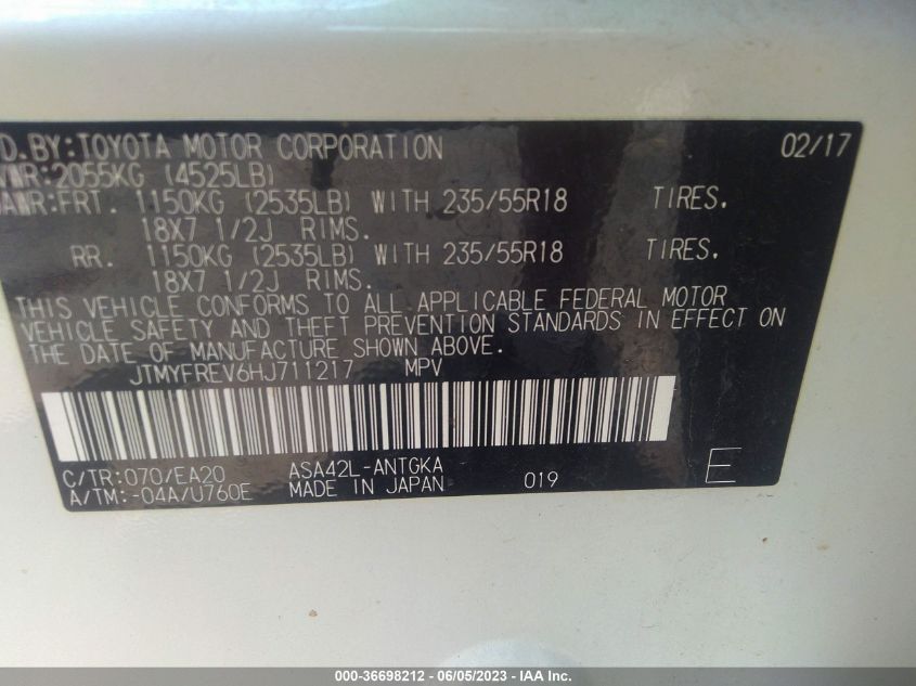 2017 TOYOTA RAV4 LIMITED - JTMYFREV6HJ711217