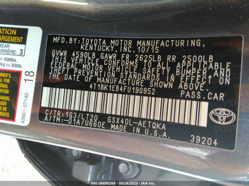 2015 TOYOTA AVALON LIMITED - 4T1BK1EB4FU190952
