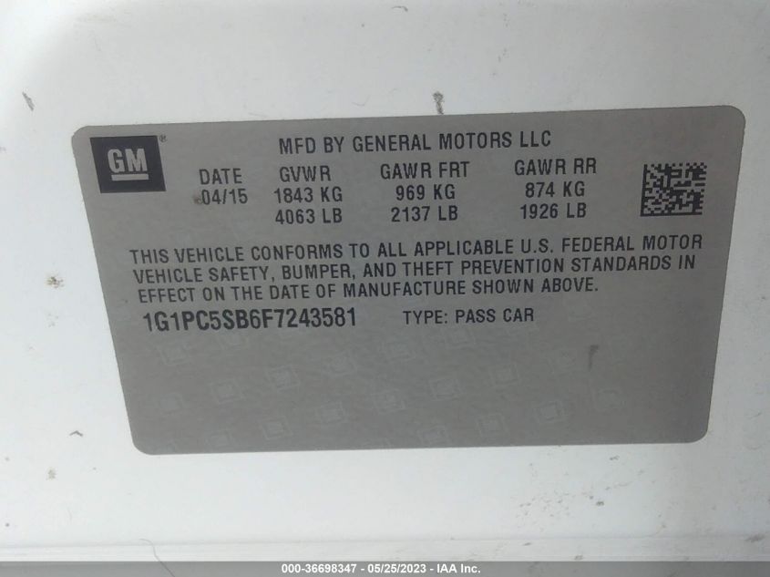 2015 CHEVROLET CRUZE LT - 1G1PC5SB6F7243581