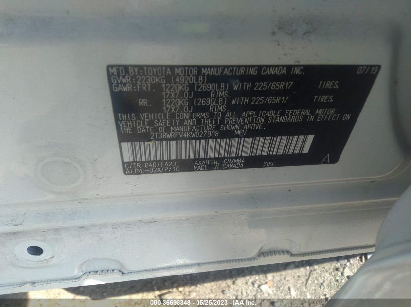 2019 TOYOTA RAV4 HYBRID XLE - 2T3RWRFV4KW027908