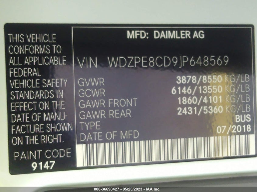 2018 MERCEDES-BENZ SPRINTER 2500 HIGH ROOF V6 VIN: WDZPE8CD9JP648569