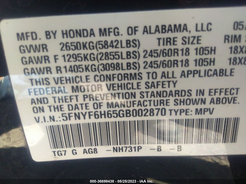 2016 HONDA PILOT EX-L - 5FNYF6H65GB002870