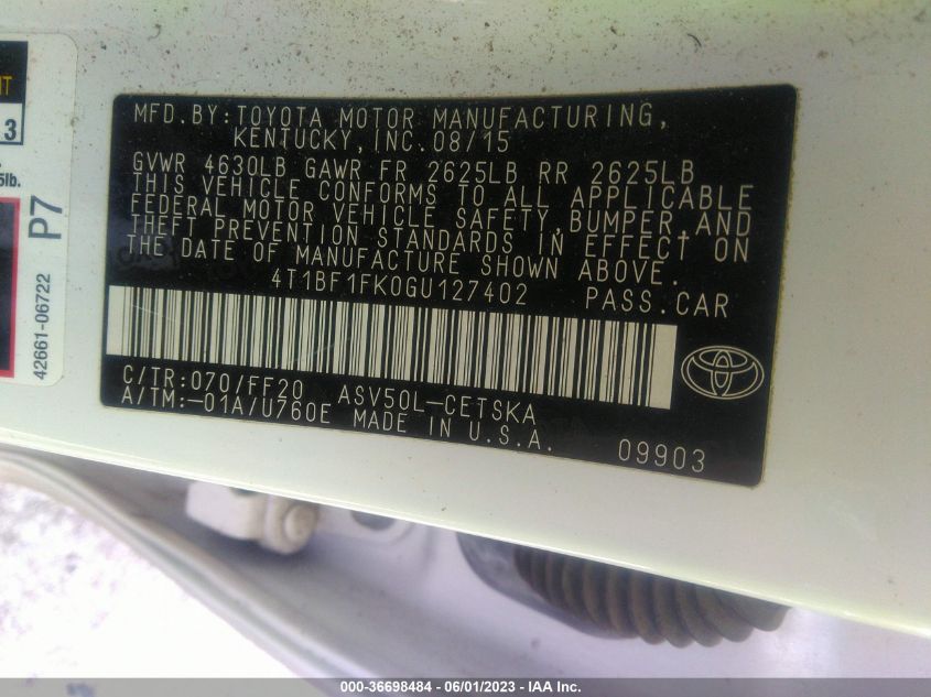 2016 TOYOTA CAMRY XLE/SE/LE/XSE - 4T1BF1FK0GU127402