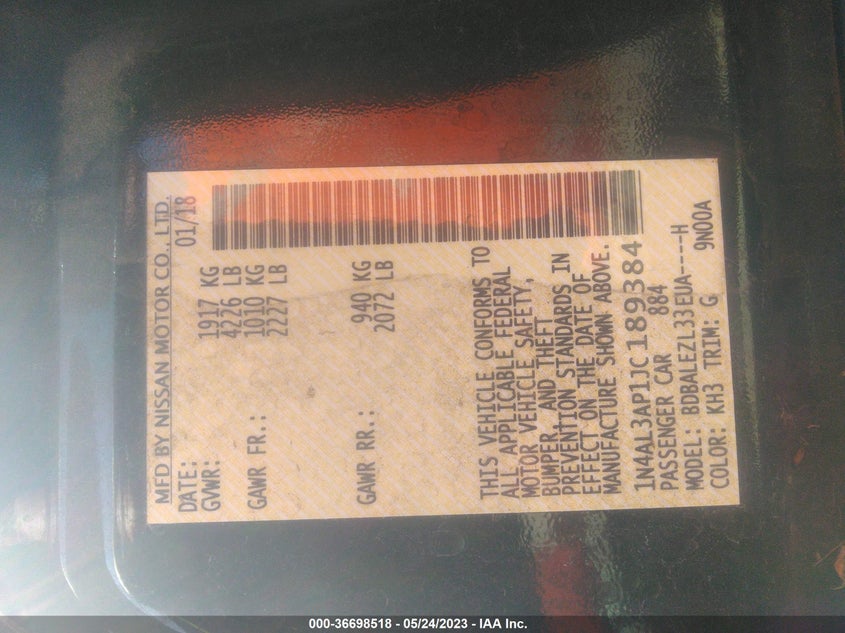 VIN 1N4AL3AP1JC189384 2018 NISSAN ALTIMA 2.5 S