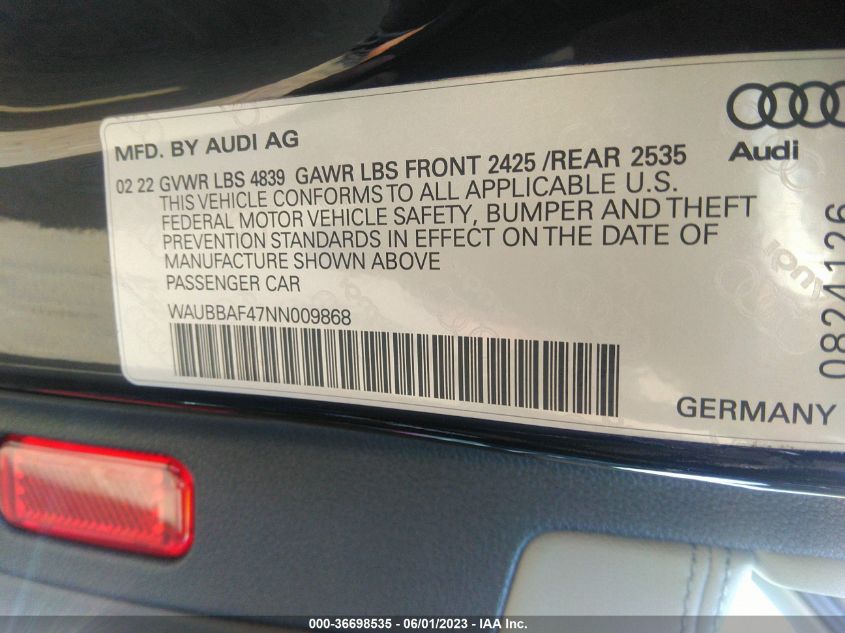 2022 AUDI A4 SEDAN PREMIUM PLUS - WAUBBAF47NN009868