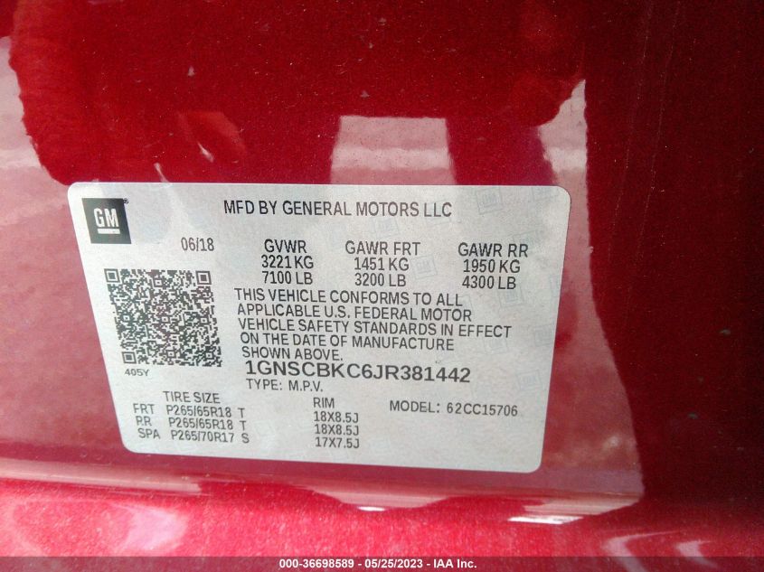 2018 CHEVROLET TAHOE LT - 1GNSCBKC6JR381442