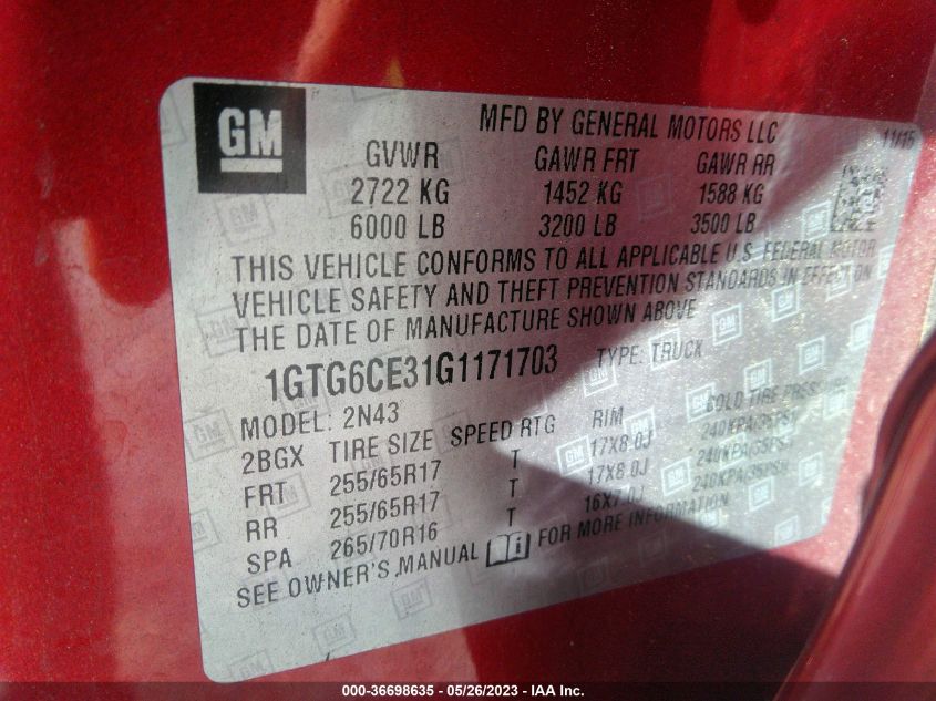 2016 GMC CANYON 4WD SLE - 1GTG6CE31G1171703