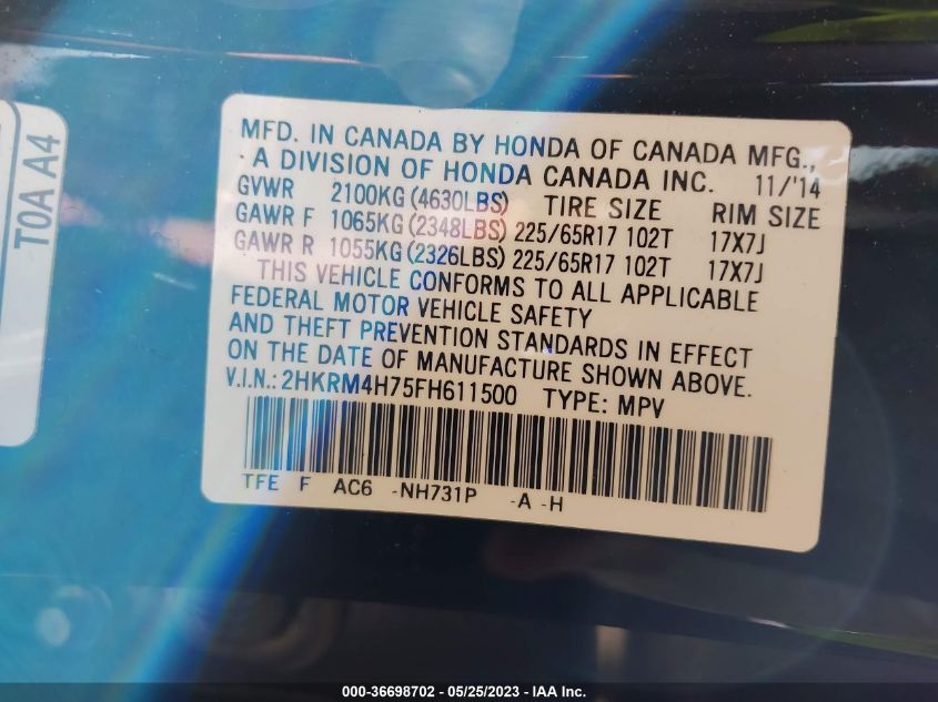 2015 HONDA CR-V EX-L - 2HKRM4H75FH611500