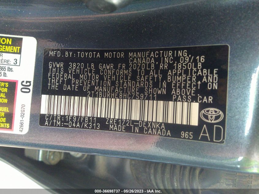 2017 TOYOTA COROLLA L/LE/XLE/SE - 2T1BURHE8HC759711