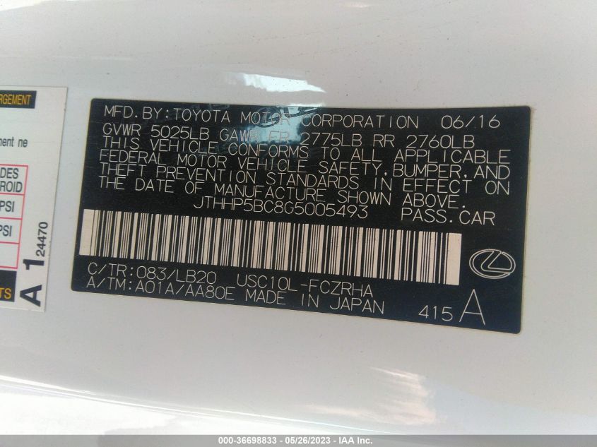 2016 LEXUS RC F - JTHHP5BC8G5005493