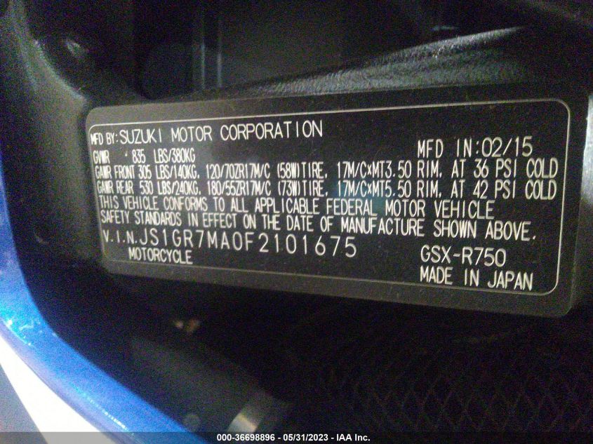 2015 SUZUKI GSX-R750 - JS1GR7MA0F2101675