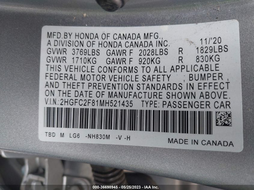 2021 HONDA CIVIC SEDAN SPORT - 2HGFC2F81MH521435