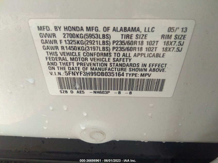 2013 HONDA PILOT TOURING - 5FNYF3H99DB035164