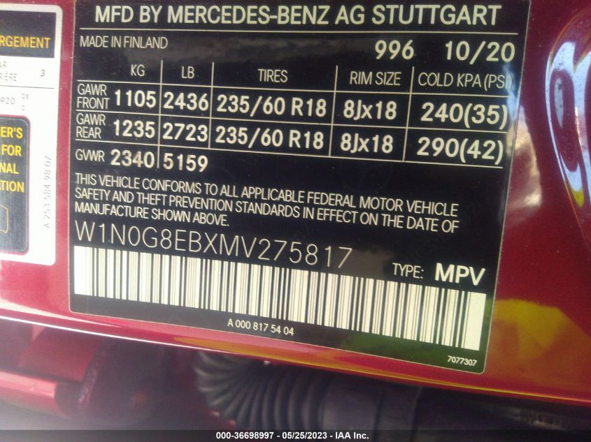 2021 MERCEDES-BENZ GLC GLC 300 - W1N0G8EBXMV275817