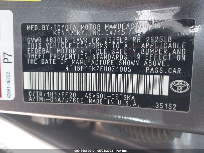 2015 TOYOTA CAMRY XLE/SE/LE/XSE - 4T1BF1FK7FU071005