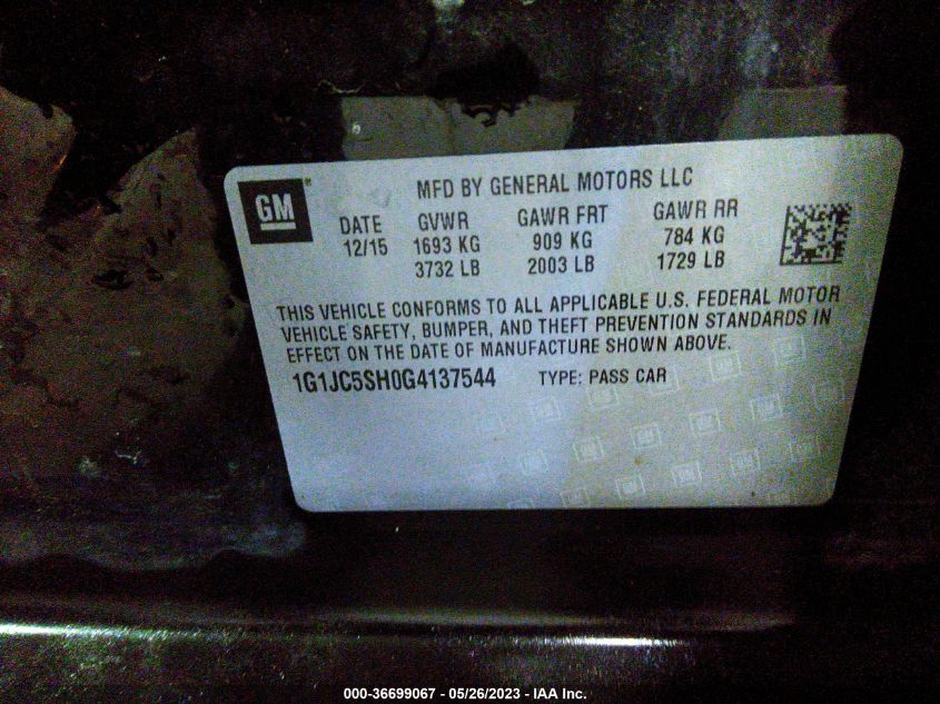 2016 CHEVROLET SONIC LT - 1G1JC5SH0G4137544