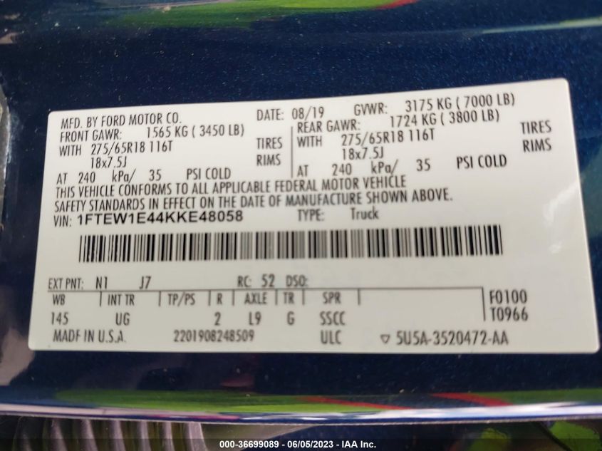 2019 FORD F-150 XL/XLT/LARIAT - 1FTEW1E44KKE48058
