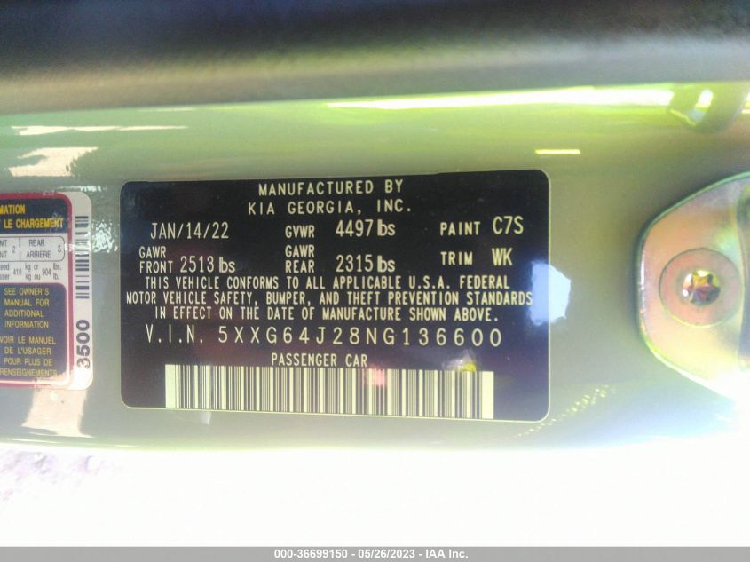 2022 KIA K5 GT-LINE - 5XXG64J28NG136600