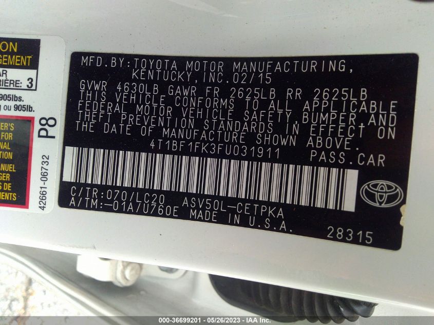 2015 TOYOTA CAMRY XLE/SE/LE/XSE - 4T1BF1FK3FU031911