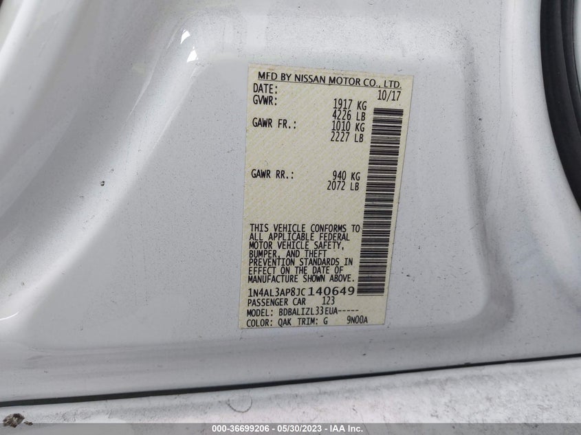 VIN 1N4AL3AP8JC140649 2018 NISSAN ALTIMA 2.5 SV
