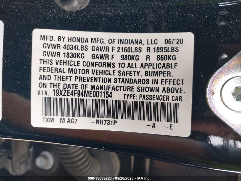 2021 HONDA INSIGHT TOURING 19XZE4F94ME001154