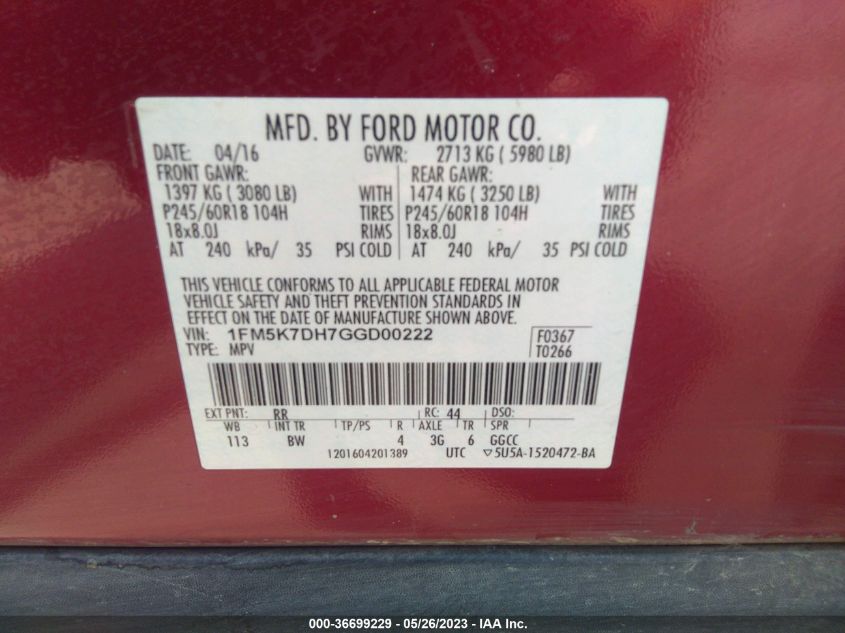 2016 FORD EXPLORER XLT - 1FM5K7DH7GGD00222