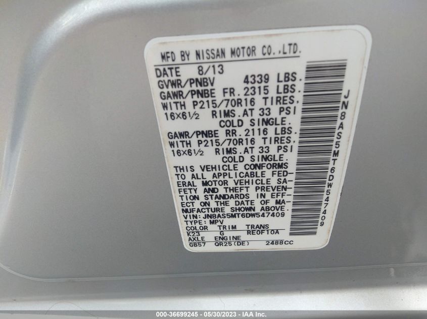 2013 NISSAN ROGUE S - JN8AS5MT6DW547409