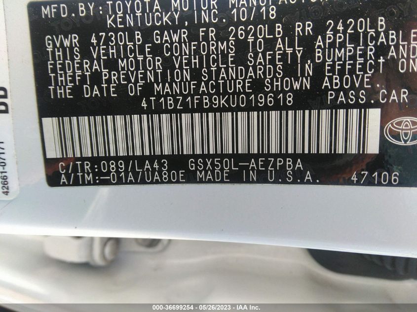 2019 TOYOTA AVALON XLE/TOURING/LIMITED/XSE - 4T1BZ1FB9KU019618