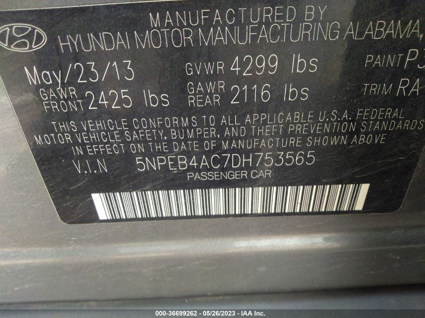 2013 HYUNDAI SONATA GLS PZEV - 5NPEB4AC7DH753565