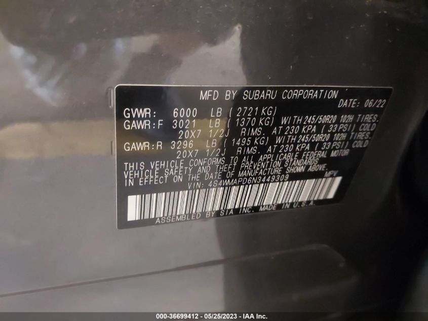 2022 SUBARU ASCENT LIMITED - 4S4WMAPD6N3449309