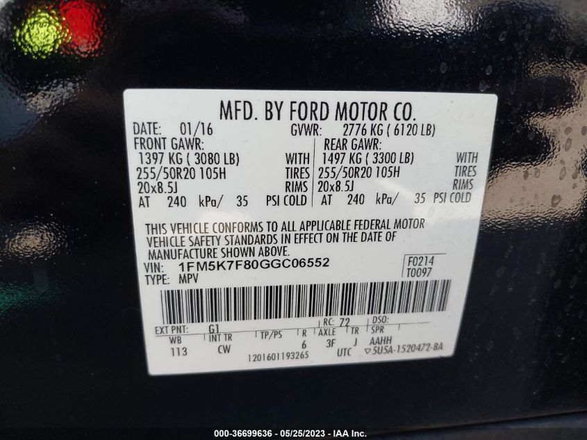 2016 FORD EXPLORER LIMITED - 1FM5K7F80GGC06552