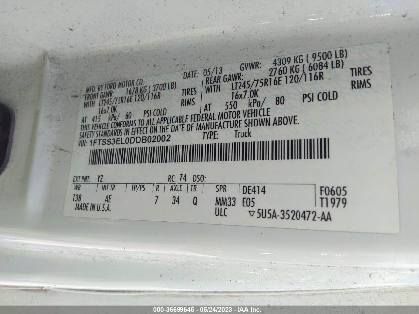 2013 FORD ECONOLINE CARGO VAN COMMERCIAL/RECREATIONAL 1FTSS3EL0DDB02002