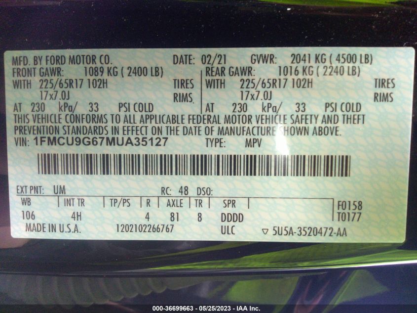 2021 FORD ESCAPE SE - 1FMCU9G67MUA35127