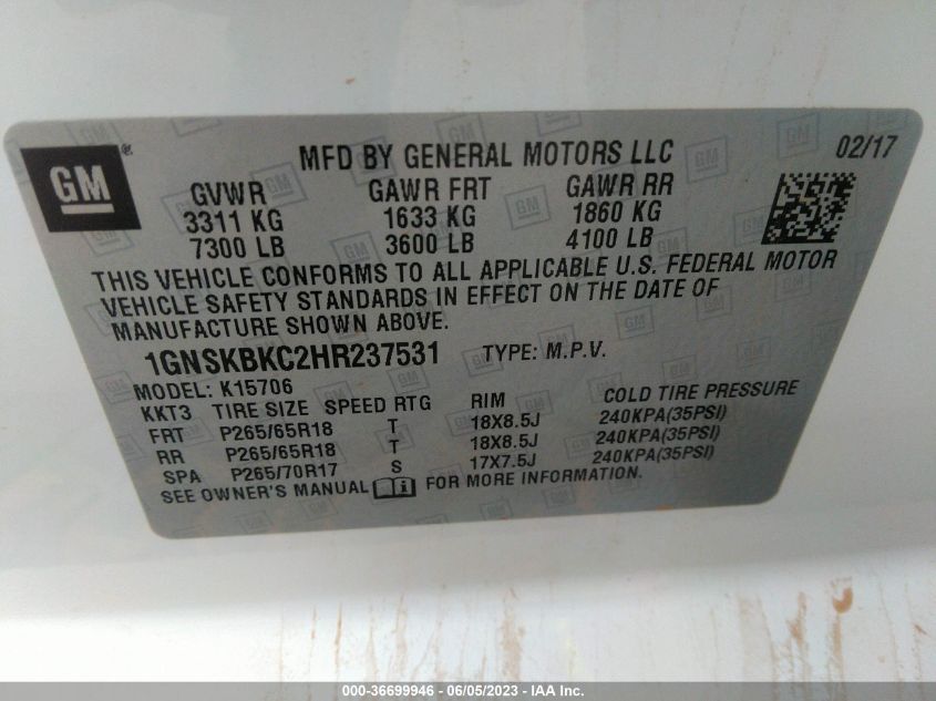 2017 CHEVROLET TAHOE LT - 1GNSKBKC2HR237531
