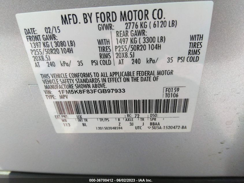 2015 FORD EXPLORER LIMITED - 1FM5K8F83FGB97933