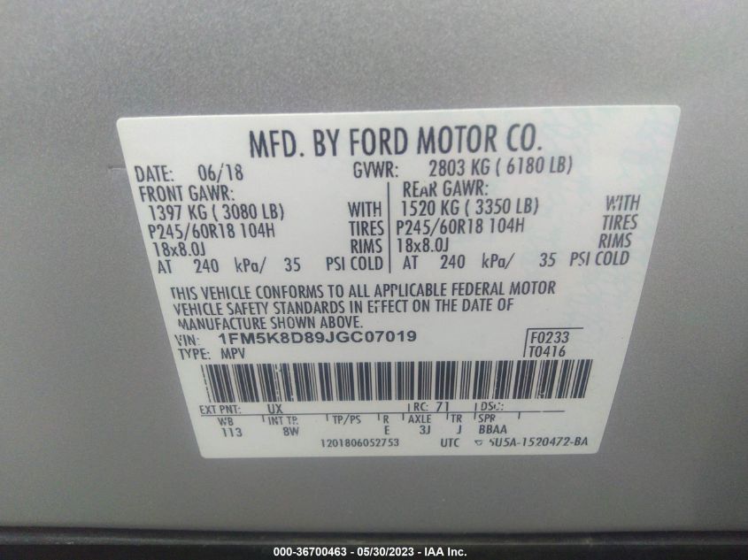 2018 FORD EXPLORER XLT - 1FM5K8D89JGC07019