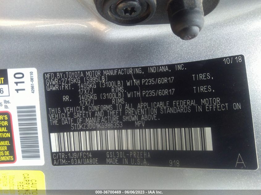 2019 TOYOTA SIENNA LE - 5TDKZ3DC1KS986353