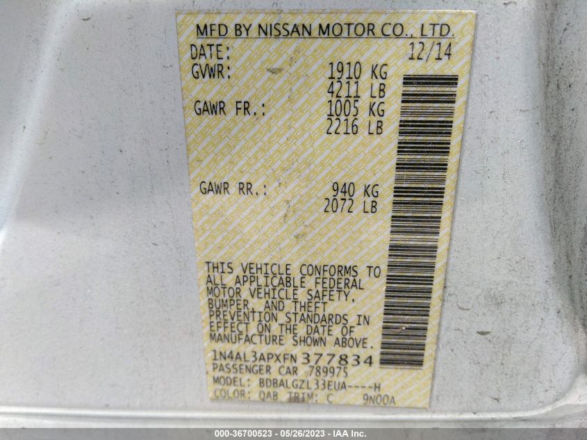 2015 NISSAN ALTIMA 2.5 S - 1N4AL3APXFN377834