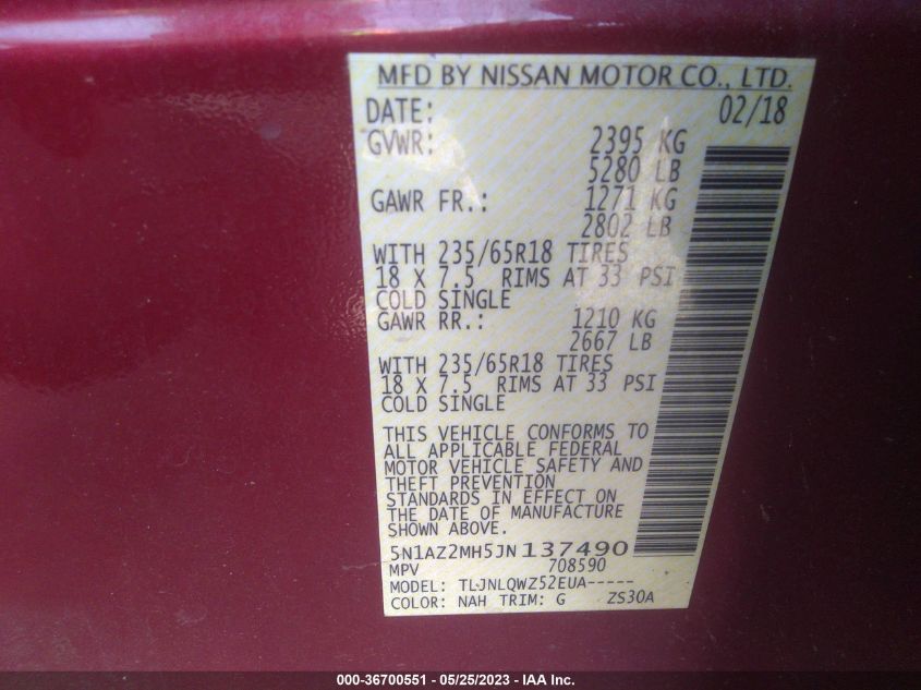2018 NISSAN MURANO SV - 5N1AZ2MH5JN137490
