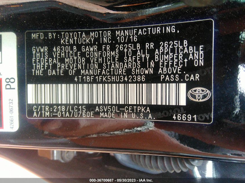 2017 TOYOTA CAMRY XLE/SE/LE/XSE - 4T1BF1FK5HU342386