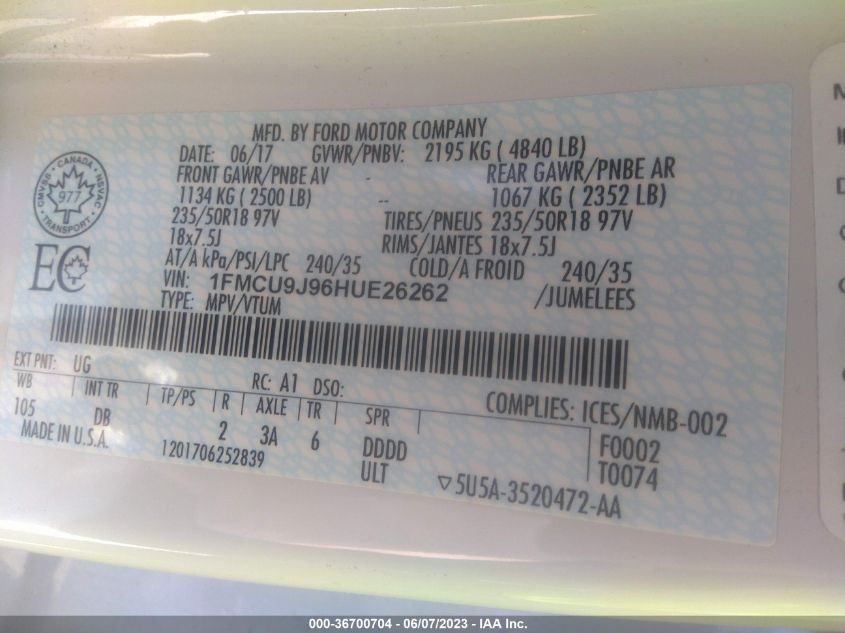 2017 FORD ESCAPE TITANIUM - 1FMCU9J96HUE26262