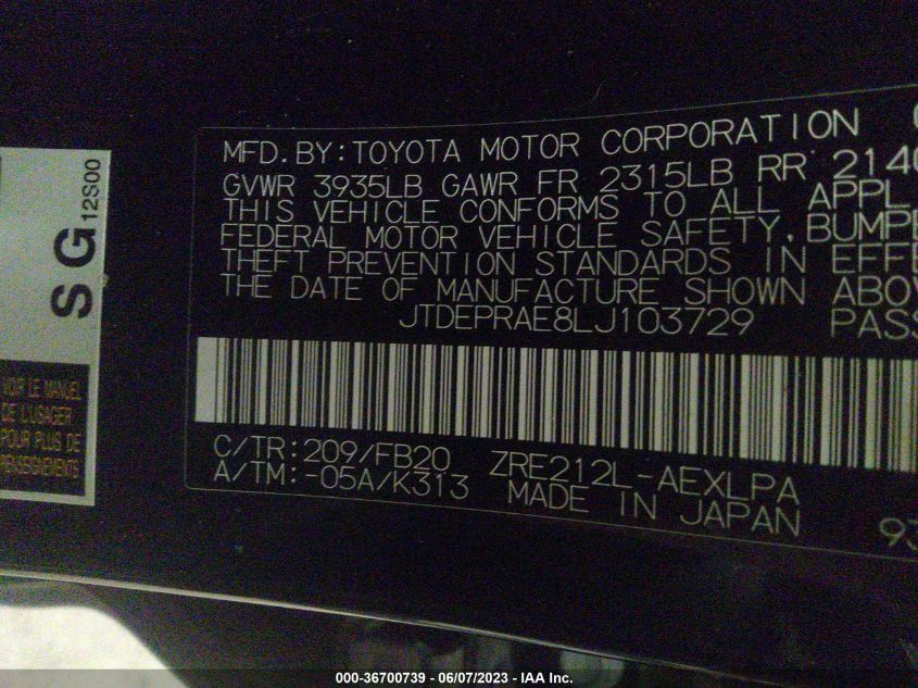 JTDEPRAE8LJ103729 Toyota Corolla LE 9